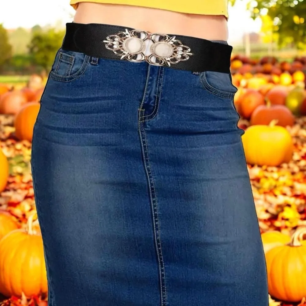 Golden‎ Double Buckle Black Waspie Belt Stretchy Elastic Accentuating Waist Band
